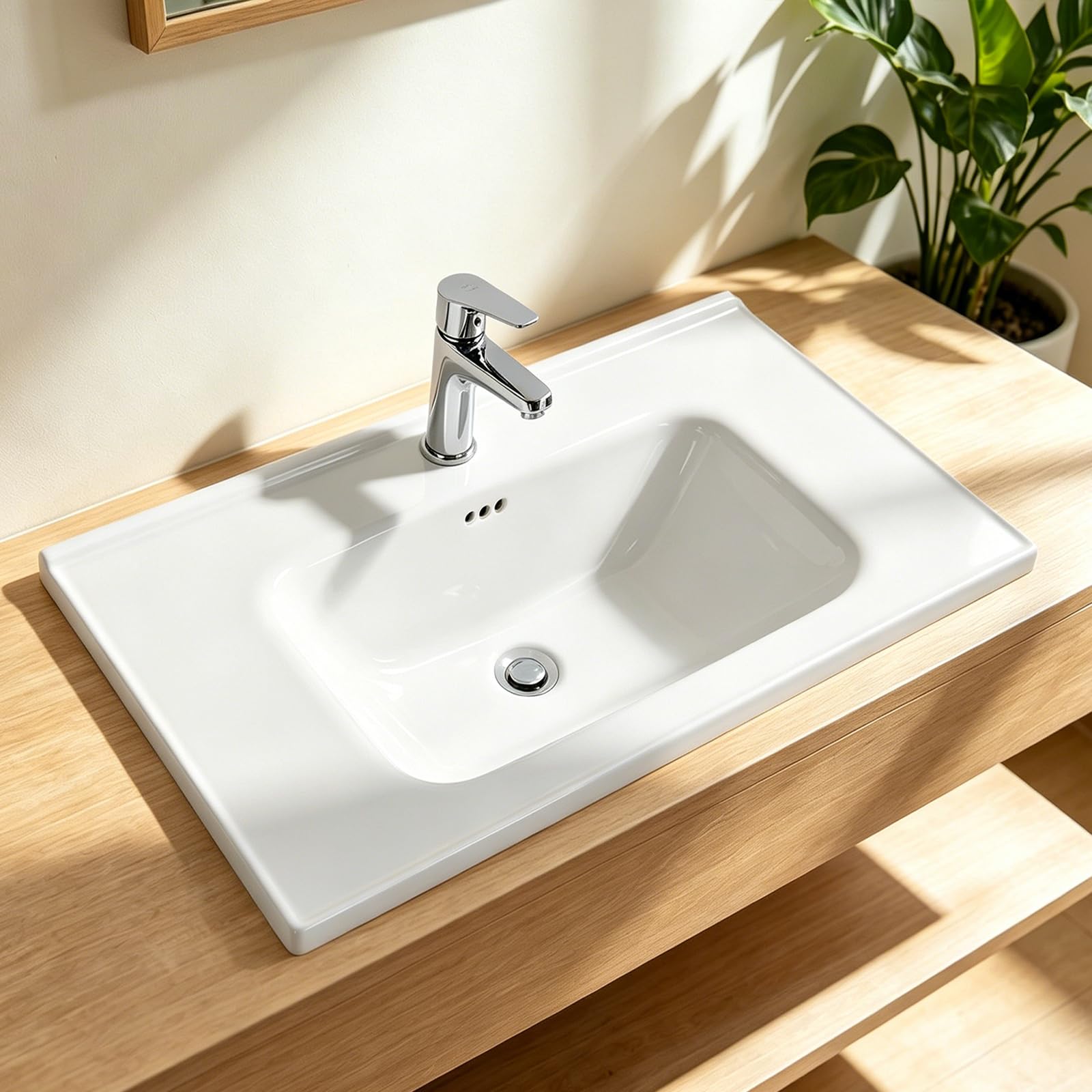 Lavabo empotrable de cerámica con orificio para grifo, 60 x 47 x 15 cm