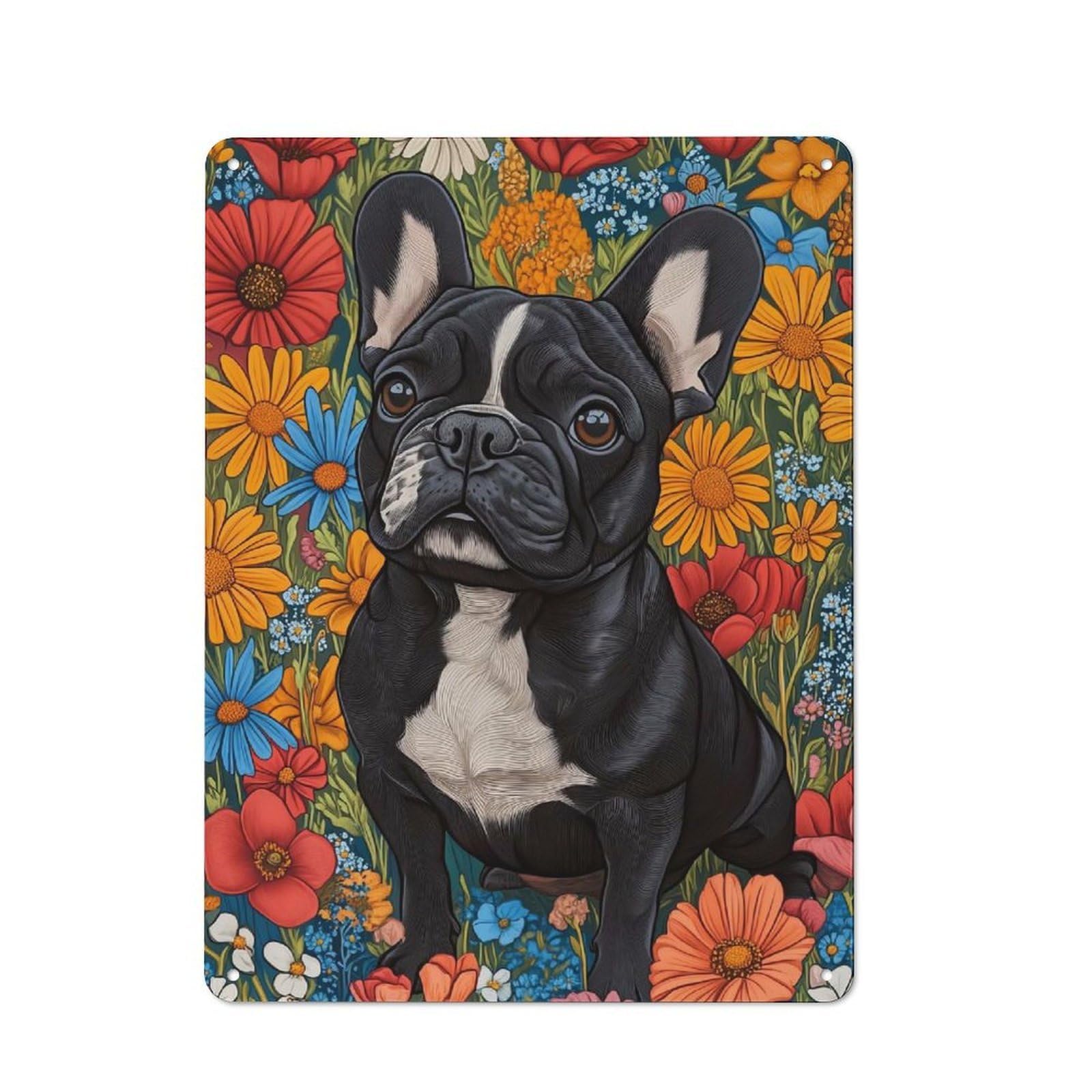 Junmoney Black French Bulldog In Wildflowers Dog Wall Metal Plaque 40X30cm With Art Print For Pub Or Café, Rustic Decor, For Pub Decor Enthusiasts