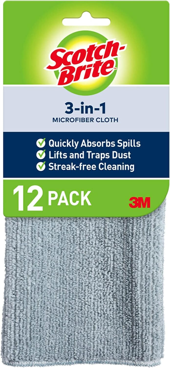 Scotch-Brite 3-in-1 Microfiber Kitchen Cloth, Streak-Free Cleaning, Pack of 12