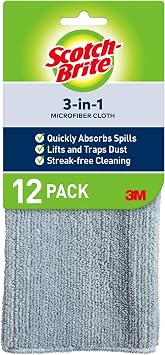 Scotch-Brite 3-in-1 Microfiber Kitchen Cloth, Streak-Free Cleaning, Pack of 12