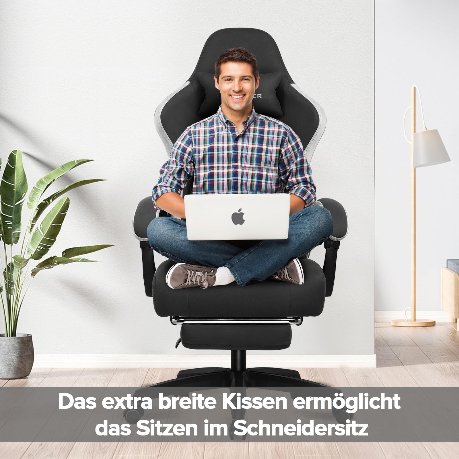 GTPLAYER Gaming Stuhl Ergonomischer Sessel mit Stoffoberfläche, Federsitzkissen, Armlehnen und Fußstütze 150KG, hellschwarz