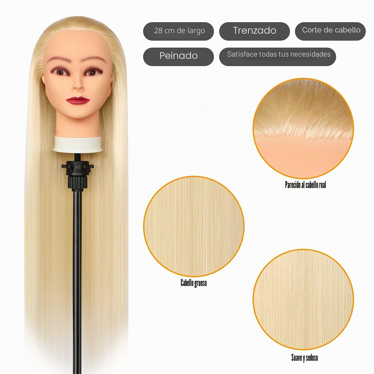 Cabeza Peluqueria, 28 inch 100% Sintético Cabeza Peluqueria Cabeza Maniqui peluqueria con Soporte + Accesorios de Peinado DIY (Rubio)