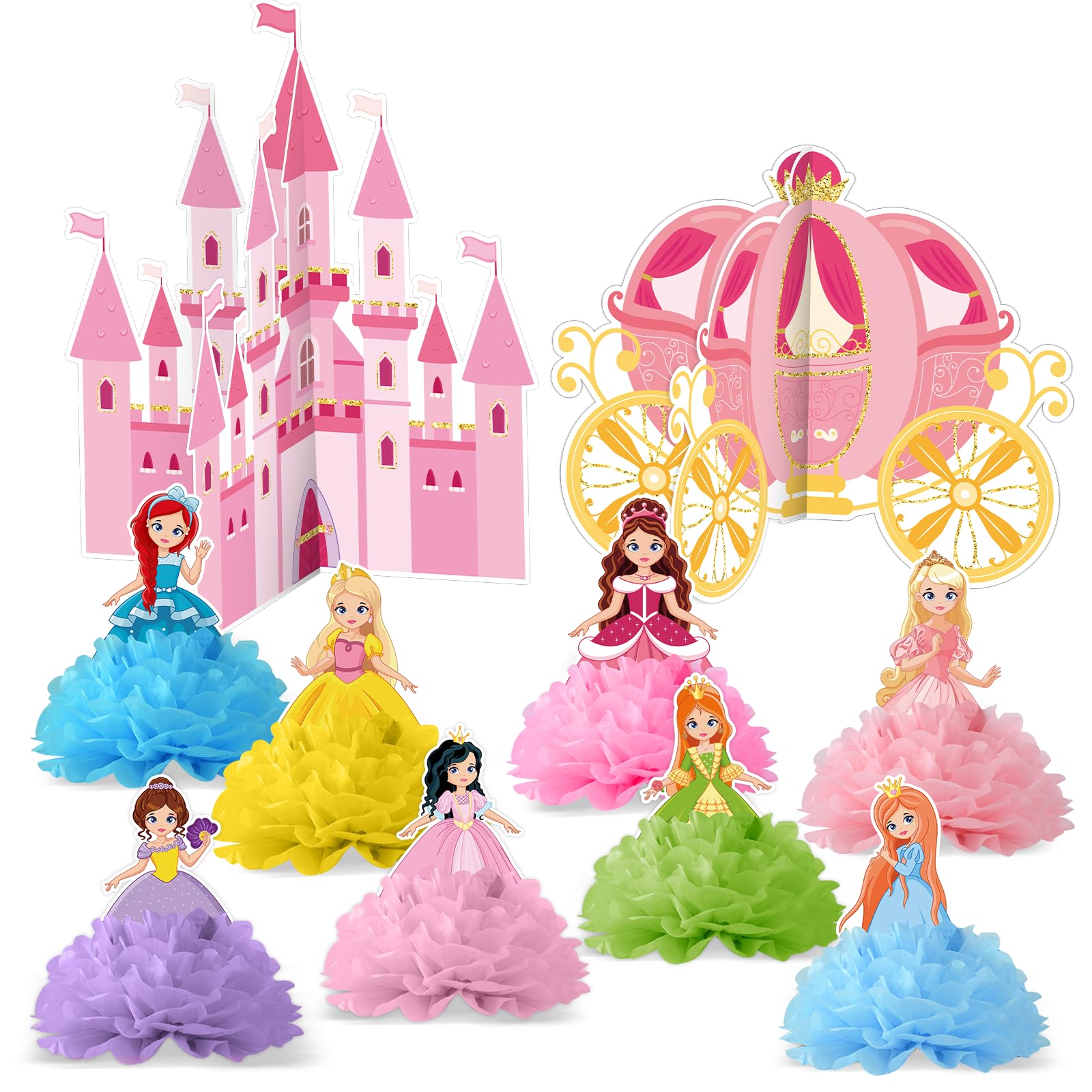 Photo 1 of 10 Set Princess Birthday Party Decorations Cartoon Princess Paper Flower Honeycomb Centerpieces Paper Flowers Castle Carriage Party Table Topper Decor for Girls Birthday Baby Shower Table Decorations