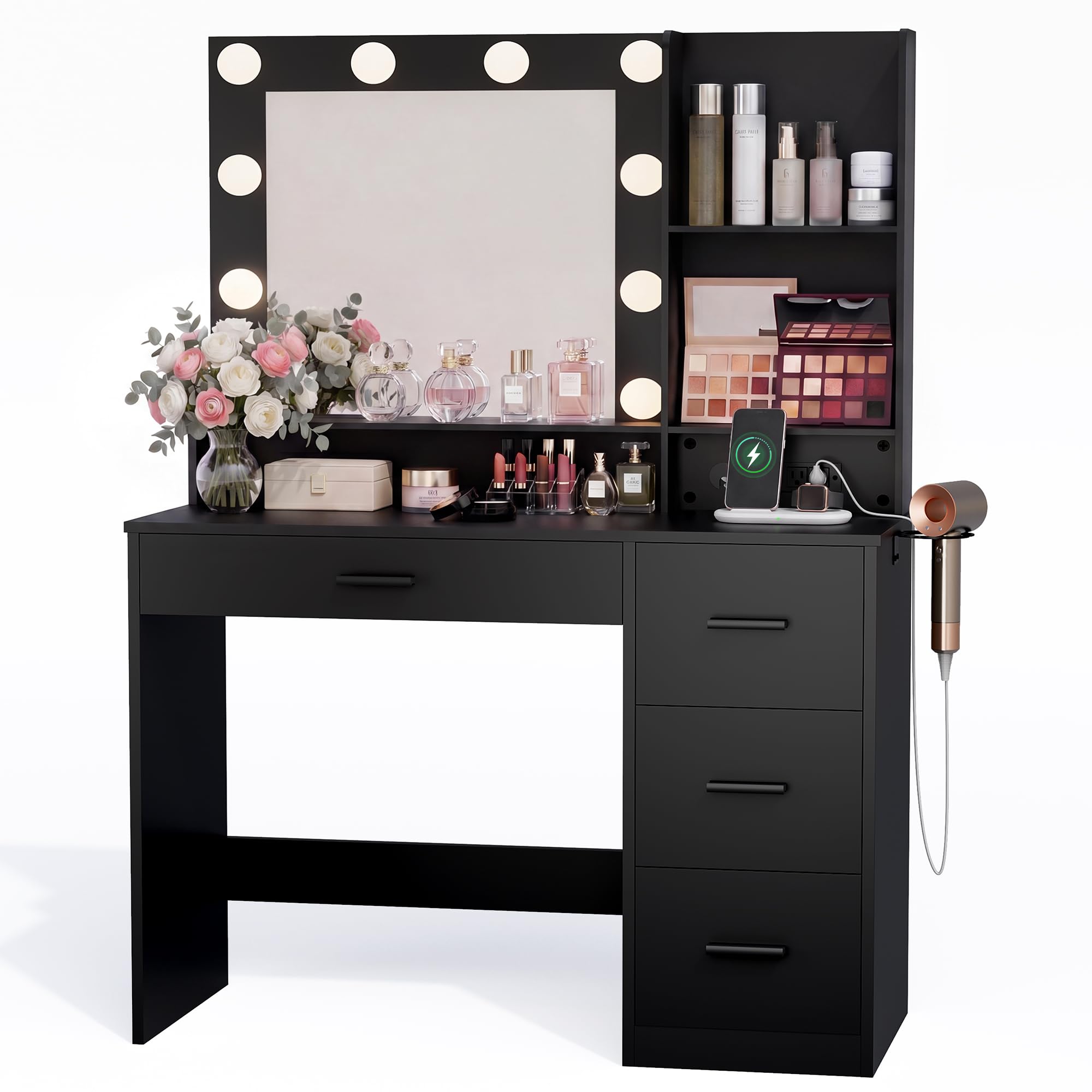 YESHOMY 39 Inch Vanity Desk with Mirror and LED Lights,Plain Black