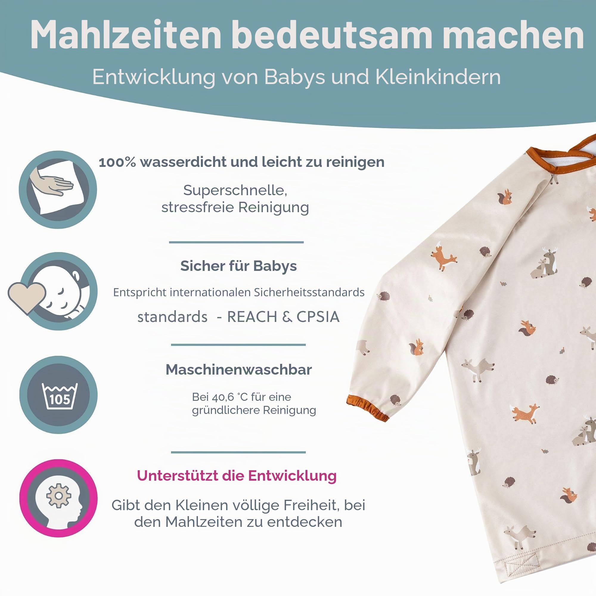 BIBaDO Langärmeliges Baby-Lätzchen für Babys und Kleinkinder von 6–36 Monaten, LED-Entwöhnungs-Lätzchen, leicht abwischbar, weich und wasserdicht