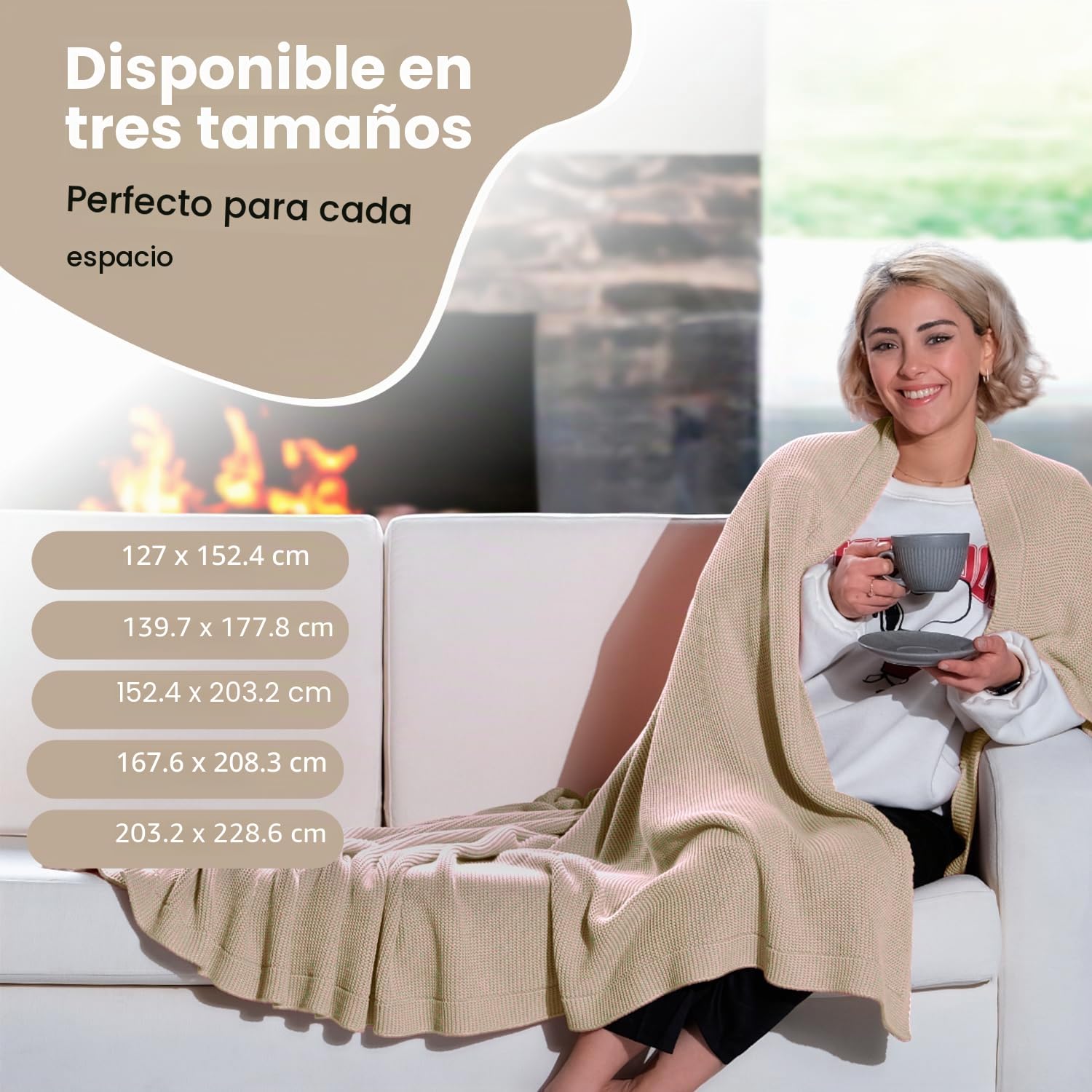 Dalisa Manta de punto 100% algodón, color beige natural, 130 x 150 cm, certificado GOTS, suave y acogedor, prelavado, lavable a máquina, en caja de regalo.