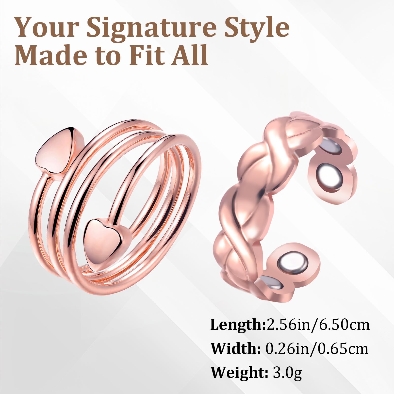 BioMag 2Pcs Lymphatic Drainage Copper Rings for Women in Different Design, Pure Copper Magnetic Ring with 10X Ultra Strength Magnet, Adjustable Jewelry in Gift Box