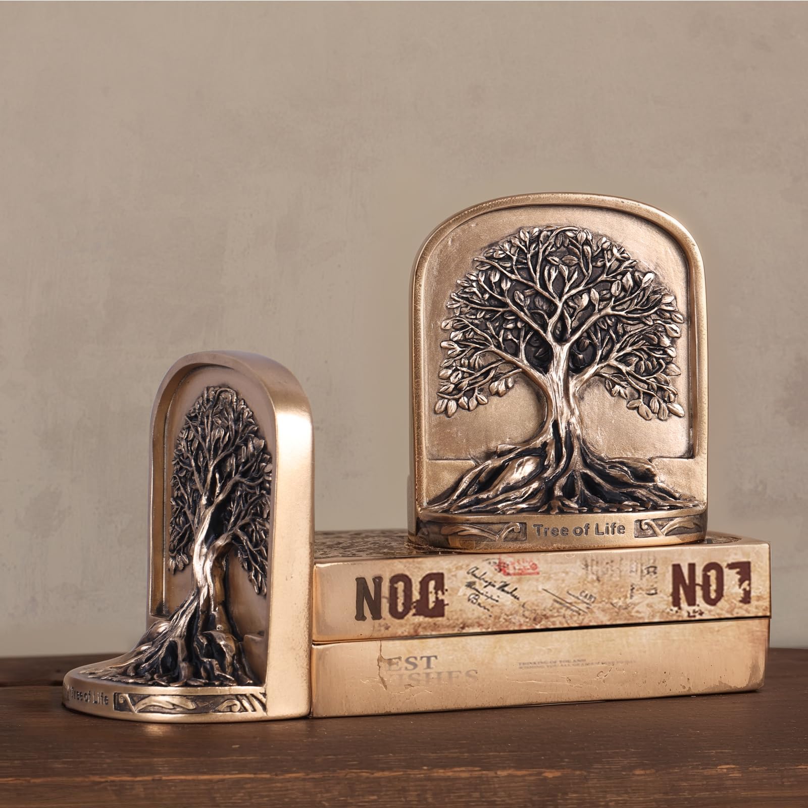 Set di 2 fermalibri decorativi con albero della vita, color bronzo antico, per scaffali o librerie, resistenti e antiscivolo, per mensole da scrivania, biblioteche e ufficio, regalo per la casa
