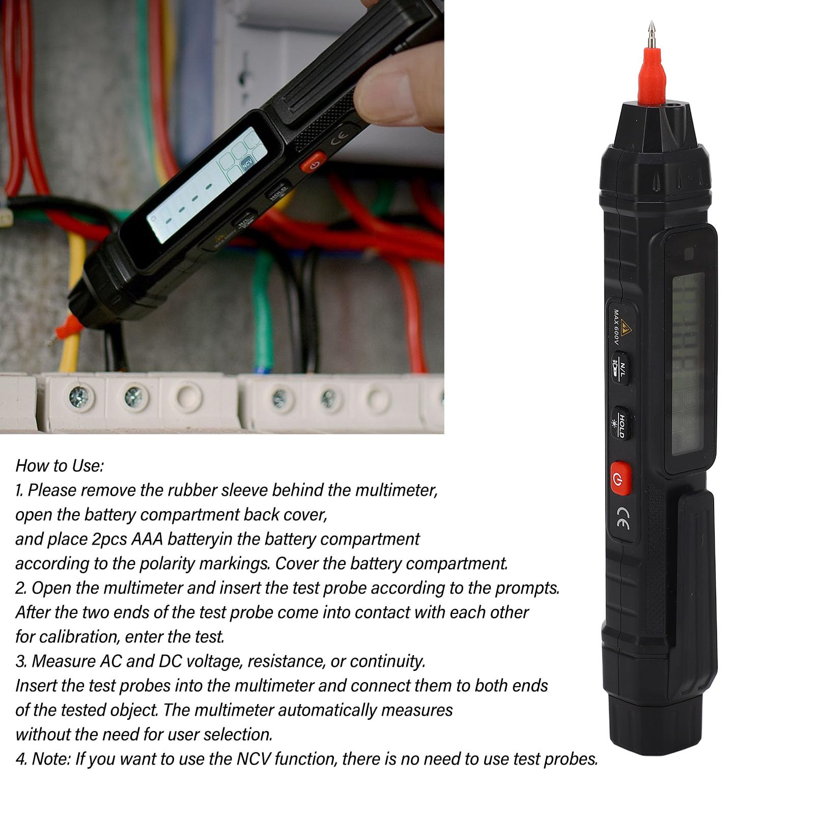 Eujgoov Elektryczny długopis testowy z oświetleniem LED, cyfrowy tester światła z woltomierzem 4000 zliczeń Tester obwodu rezystancji napięcia AC-DC