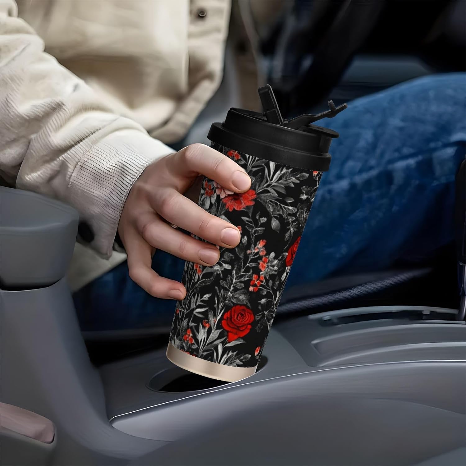 17 oz Insulated Coffee Mug Vintage Roses with Straw and Leak Proof Lid Double Wall Water Bottle Stainless Steel Vacuum Thermal Travel Drinking Cup for Hot/Cold Drink - Image 6