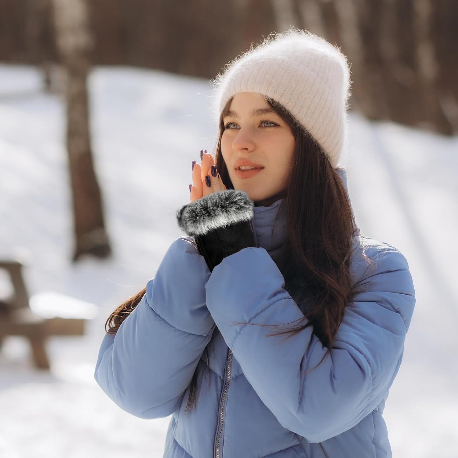 SATINIOR Women Fur Fingerless Gloves Winter Rabbit Fur Lined Half Finger Mittens for Women Girls Teen Working Writing - Image 6