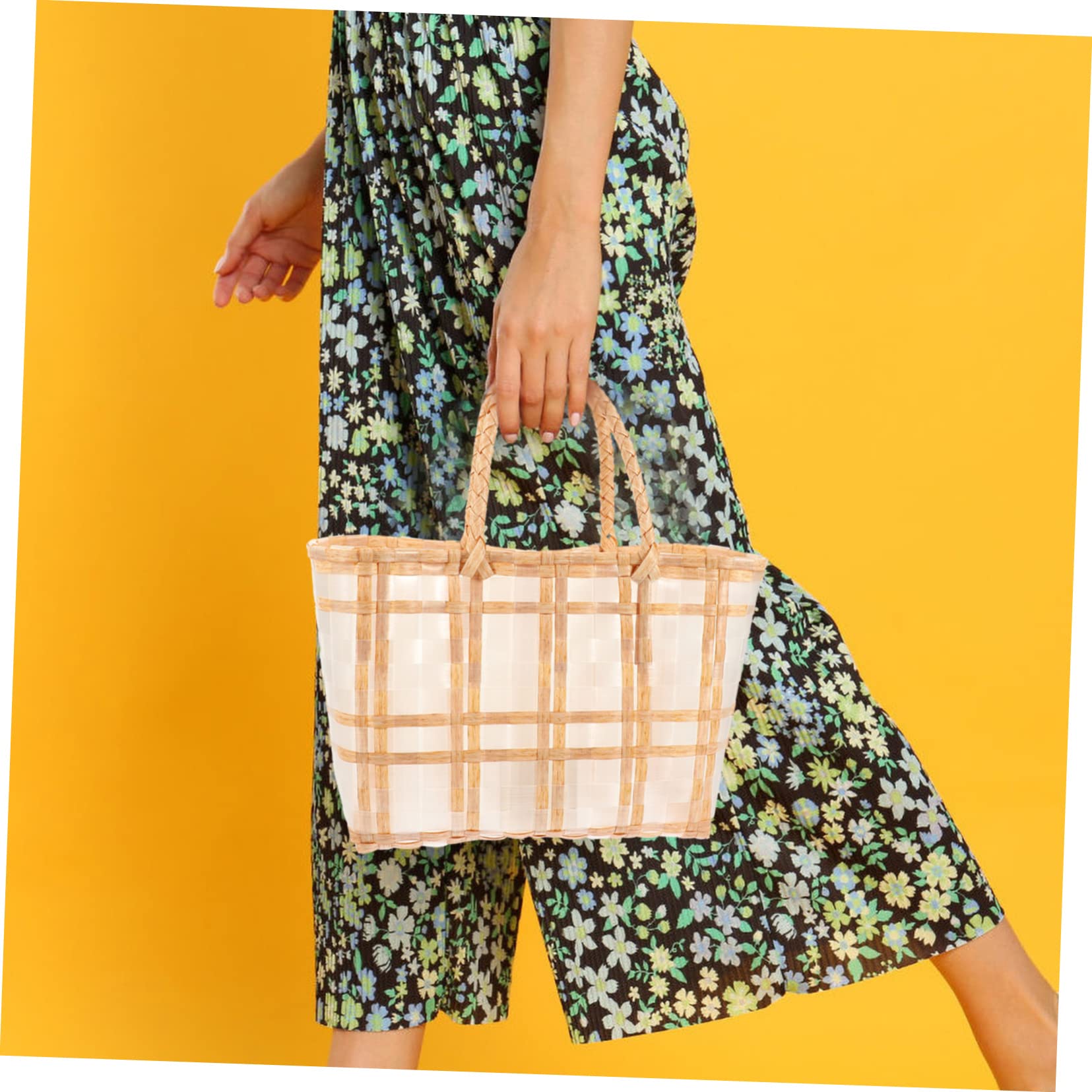 Bolso de Mano Tejido de Paja Transparente Amarillo de Gran Capacidad