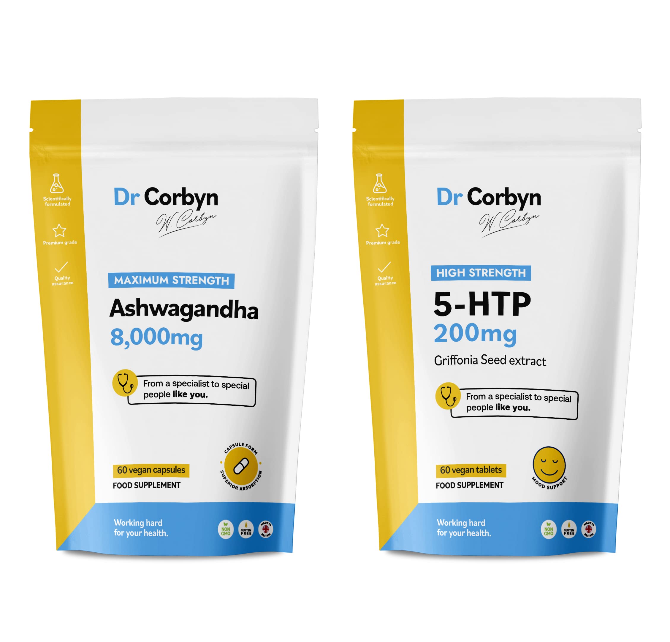 Dr Corbyn Stress Comfort Bundle: 5-HTP 200mg (60 Tablets) & Ashwagandha 8,000mg (60 Capsules) | High Strength Ashwagandha with 5-HTP from Griffonia Seed Extract | Vegan & UK Made