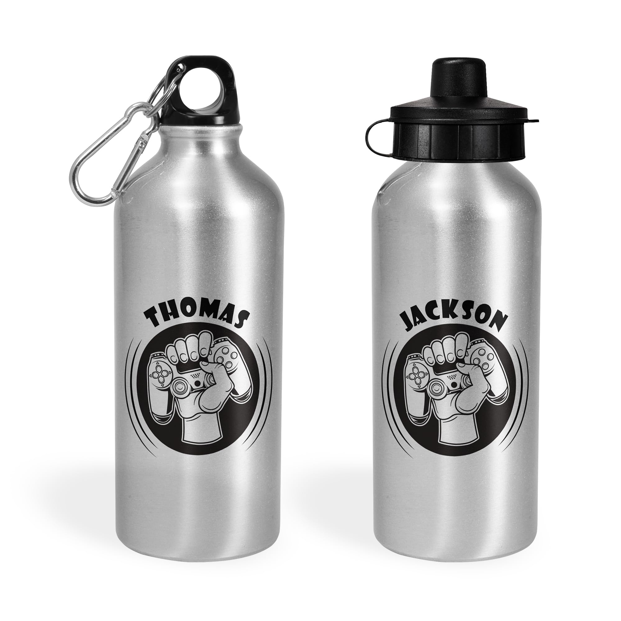 Print Maniacs Personalised Water Bottle School Sport Cap Drink White Silver 600ml or 400ml Aluminium Kid Boys Girls Biking Gift Gaming (Silver, 400ml)