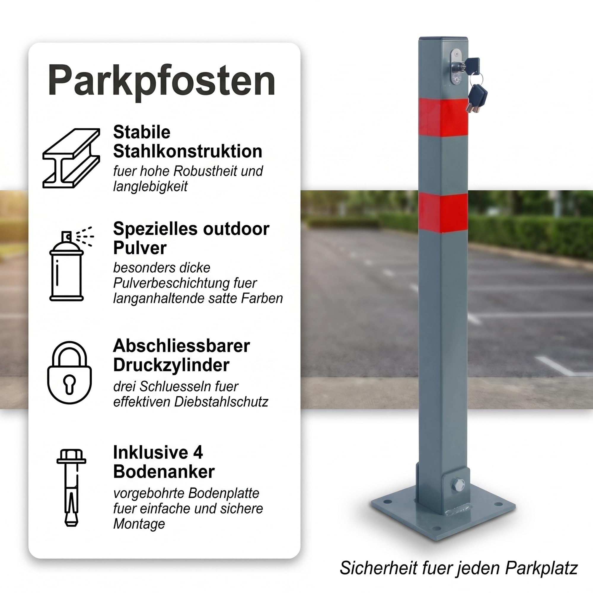 Mucola Parkpfosten vertikale Parksperre Grau Rot – Absperrpfosten klappbar mit Schloss 70cm hoch | Stabiler Stahl verzinkt, Sperrpfosten Poller für Parkplatz Einfahrt Grundstück Hofeinfahrt