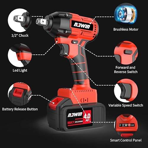 Miniatura 6 de NAWIN Llave de impacto inalámbrica, ajuste de múltiples velocidades, llave de impacto eléctrica inalámbrica con luz LED, 240 pies y potencia 320N.