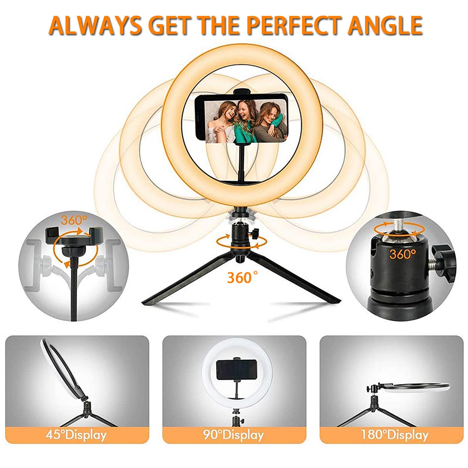 Luce ad anello da 25,4 cm con supporto per treppiede, per registrazione video e trucco, luce aureola regolabile con supporto per telefono cellulare, lampada a LED con 3 modalità di illuminazione e 11