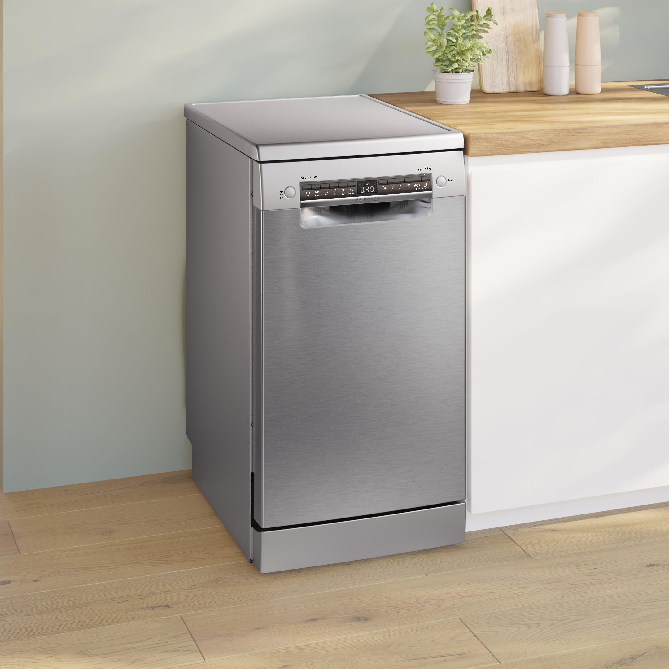 Bosch, Lavavajillas, Serie 4, 45 cm, 10 servicios, Inox, SPS4HMI13E | Formato compacto con secado extra y control desde la app Home Connect.