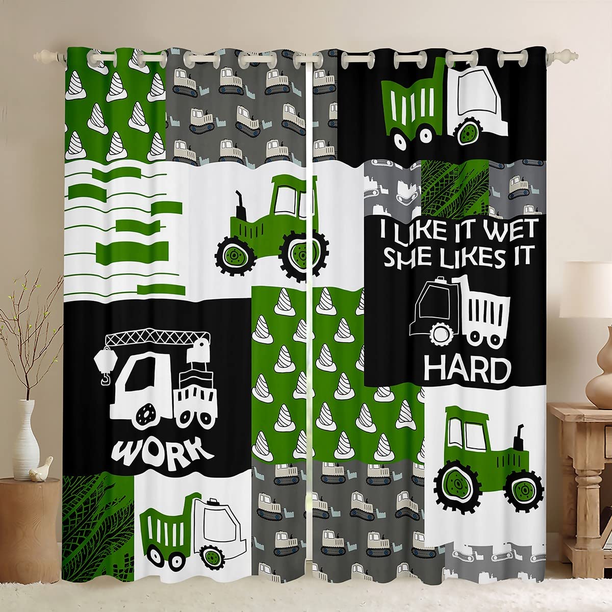 Cortinas de ventana de tractor de cosechadora verde, sueños de construcción para niños, cortinas opacas de coche de dibujos animados (30%-50%) para equipos agrícolas, maquinaria, camión, decoración d