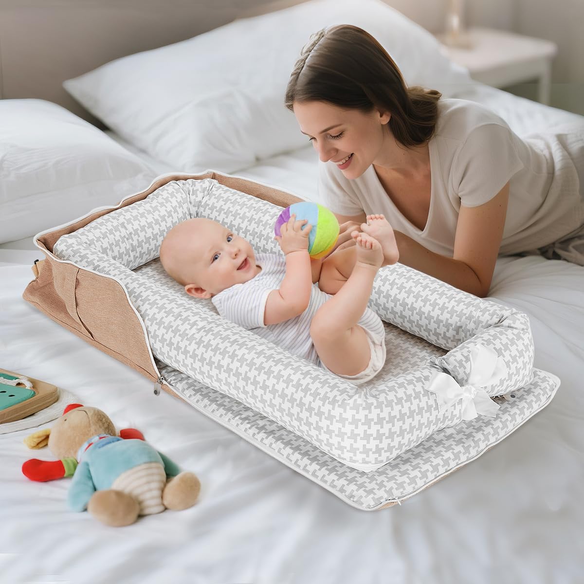 Baby Lounger for Newborn, Portable Breathable Baby Nest Infant Lounger Adjustable U-Shaped Safety Bumper for Cozy Comfort - Grey Houndstooth