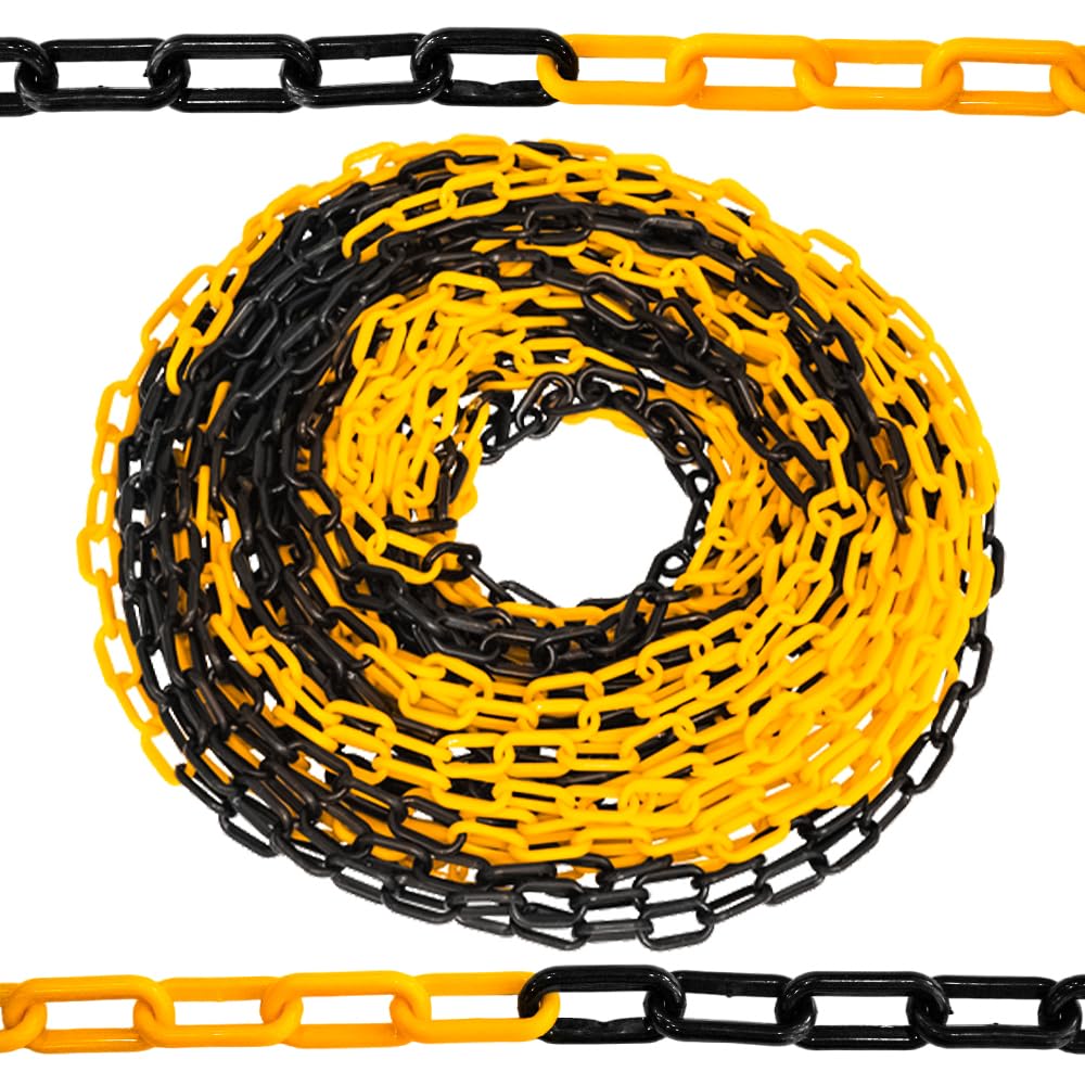 25 Meter Plastic Chain Barrier Yellow and Black with 6MM Thickness | Plastic Chain Link Post for Crowd Control | Safety Link for Construction Road Safety Caution Sign Warehouse Parking Chain