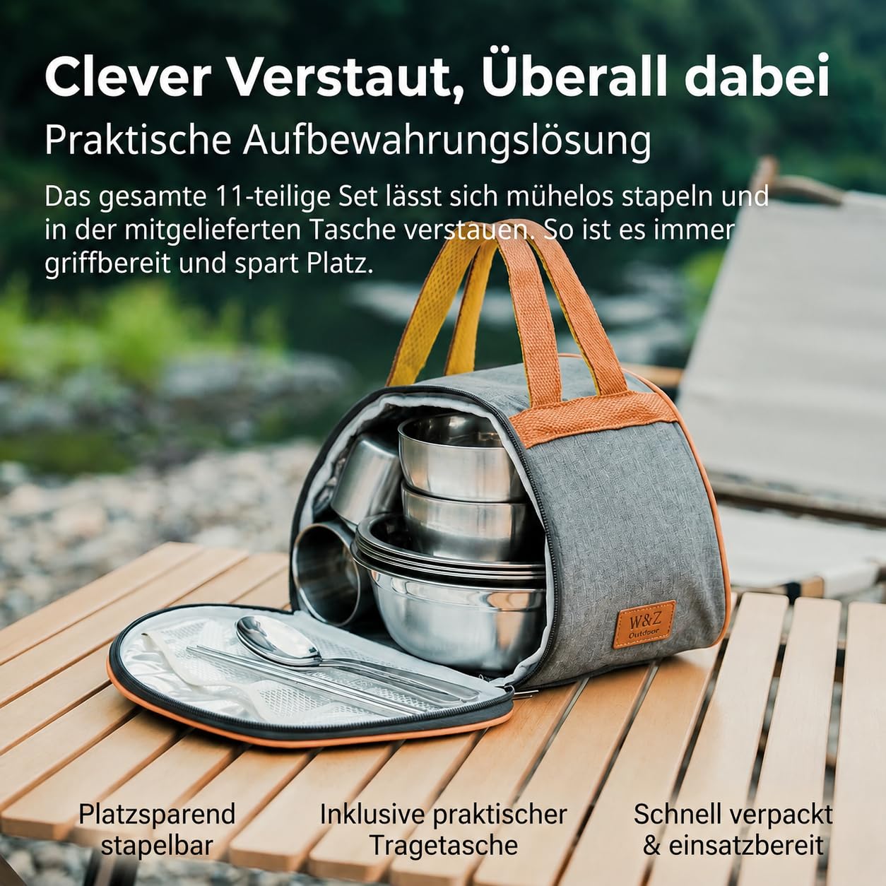 11-teiliges Camping Geschirr & Besteck Set Edelstahl – Outdoor Essgeschirr & Reisebesteck, stapelbar, 11-teiliges Set aus Edelstahl