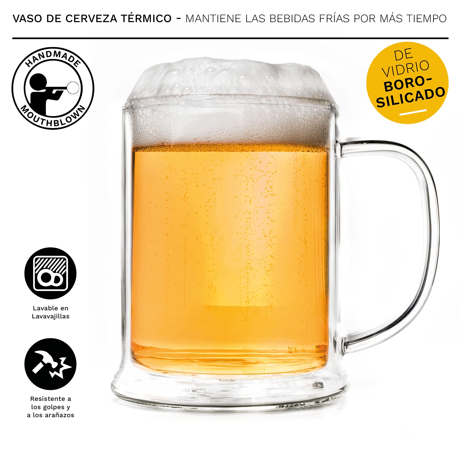 Creano Vasos de Cerveza Térmicos de Doble Pared de Vidrio de Borosilicato Aislantes 500ml Efecto Flotante – Juego de 6 Vasos