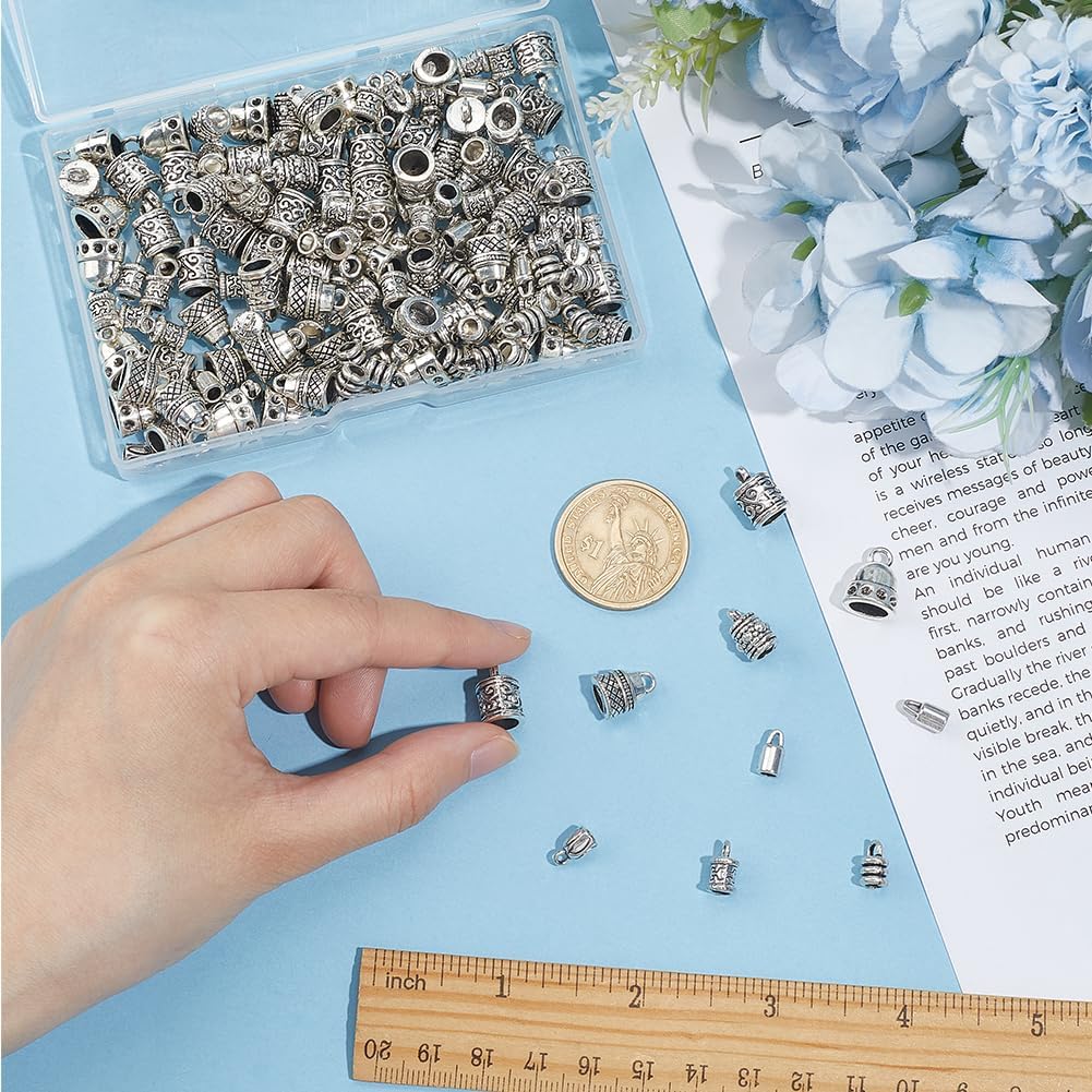PH PandaHall 160pcs 9 Styles Cord End Caps Tibetan Style Glue in End Caps Leather Cord Ends Cap Antique Silver Jewelry Findings for Tassels Earring Bracelet Necklace Kumihimo Jewelry Making DIY Craft