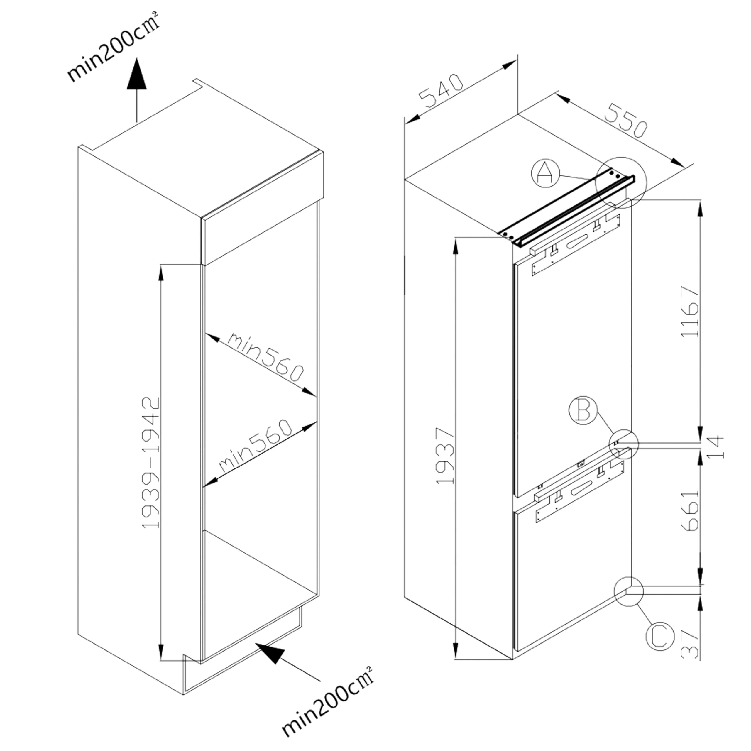 Cecotec Lodówka kombi do zabudowy, na stałe drzwi, 267 l, Bolero CoolMarket Combi BI-D FLW 267 E, wysokość 193,7 cm i szerokość 54 cm, Total No Frost, kompresor inwerterowy i ściana Full LED, niskie