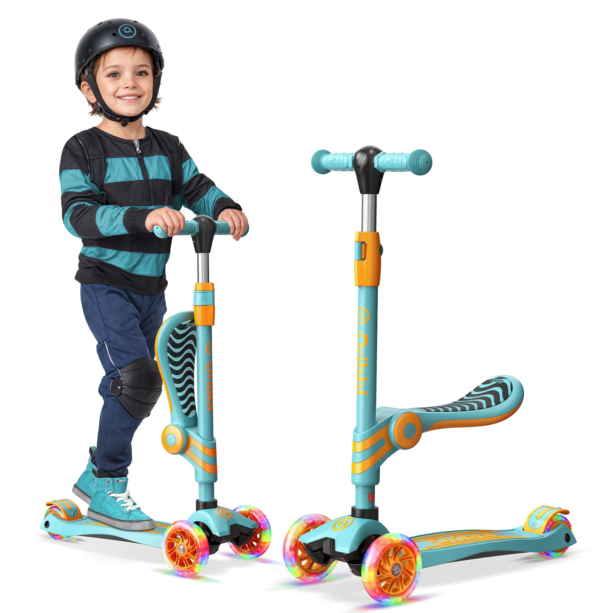 Aqua Orange 3 Wheel Scooter with Seat for Kids, Light-Up Wheels, Adjustable Lean to Steer Handlebar and Seat, Smooth Wheels, Wide No-Slip Deck, Rear