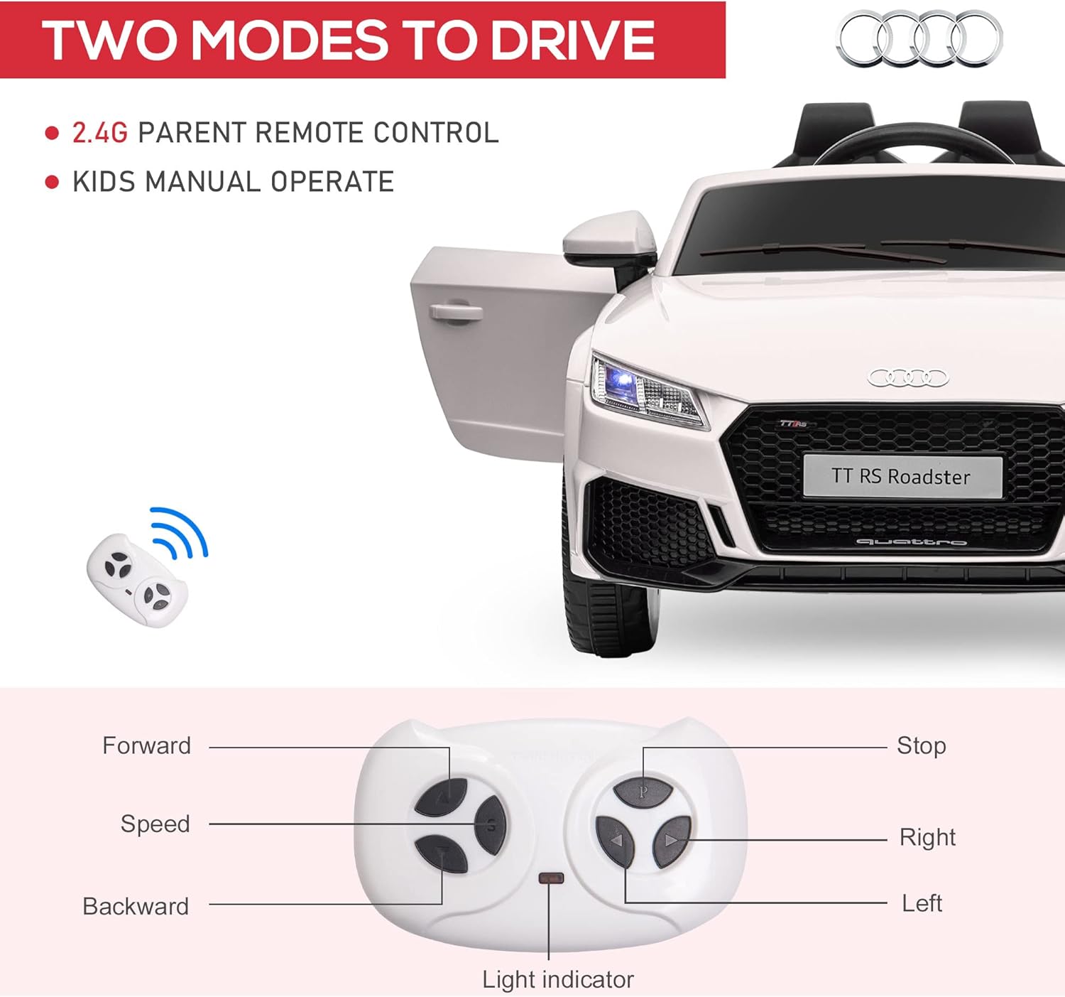 Diagram showing two modes of driving: 2.4G Parent Remote Control and Kids Manual Operate, with an image of the remote control and its functions.