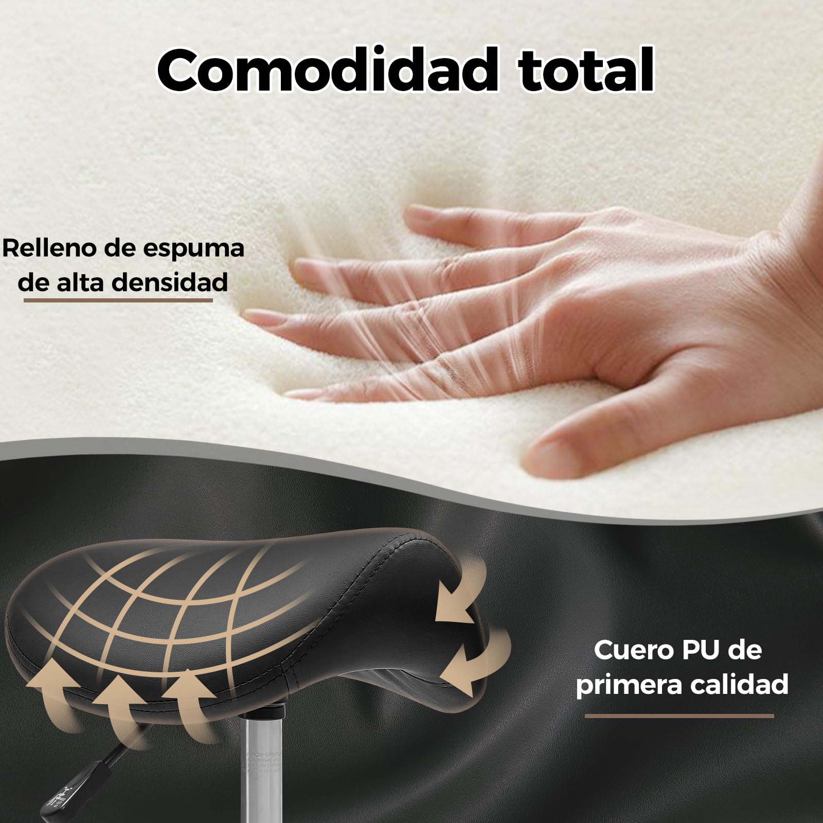 BEWISHOME Taburete Ergonómico de Silla de Montar con Ruedas, Ajuste Hidráulico Altura, Cojín Asiento Más Ancho, Adecuado a Peluquerías, Oficinas, Centros Masajes y Salones Belleza (Negro)