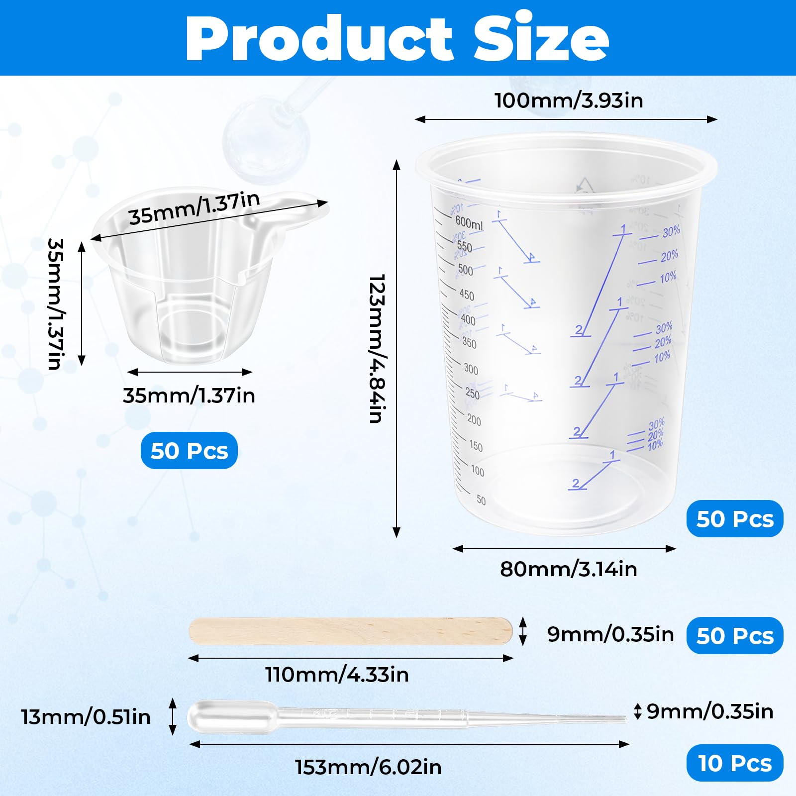 Bicchieri per miscelazione Vernice 600 ml 40 pezzi Set di Bicchieri per Miscelazione Bastoncini per Mescolare Epossidica con Manico Pipette | con Rapporto di Miscelazione Chiaro