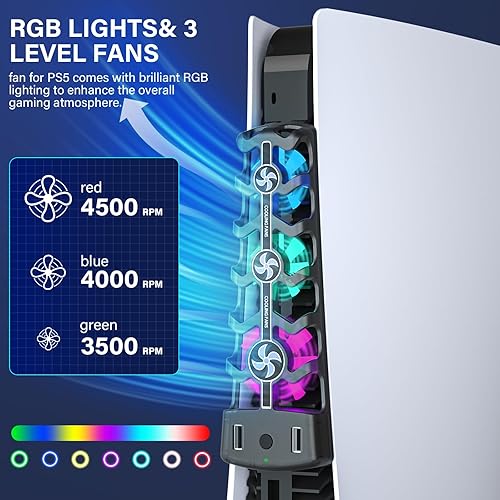 Miniatura 3 de Ventilador de refrigeración para PS5, ventilador enfriador con ventilador silencioso de 3 velocidades, luz RGB para ventilador de refrigeración PS5,