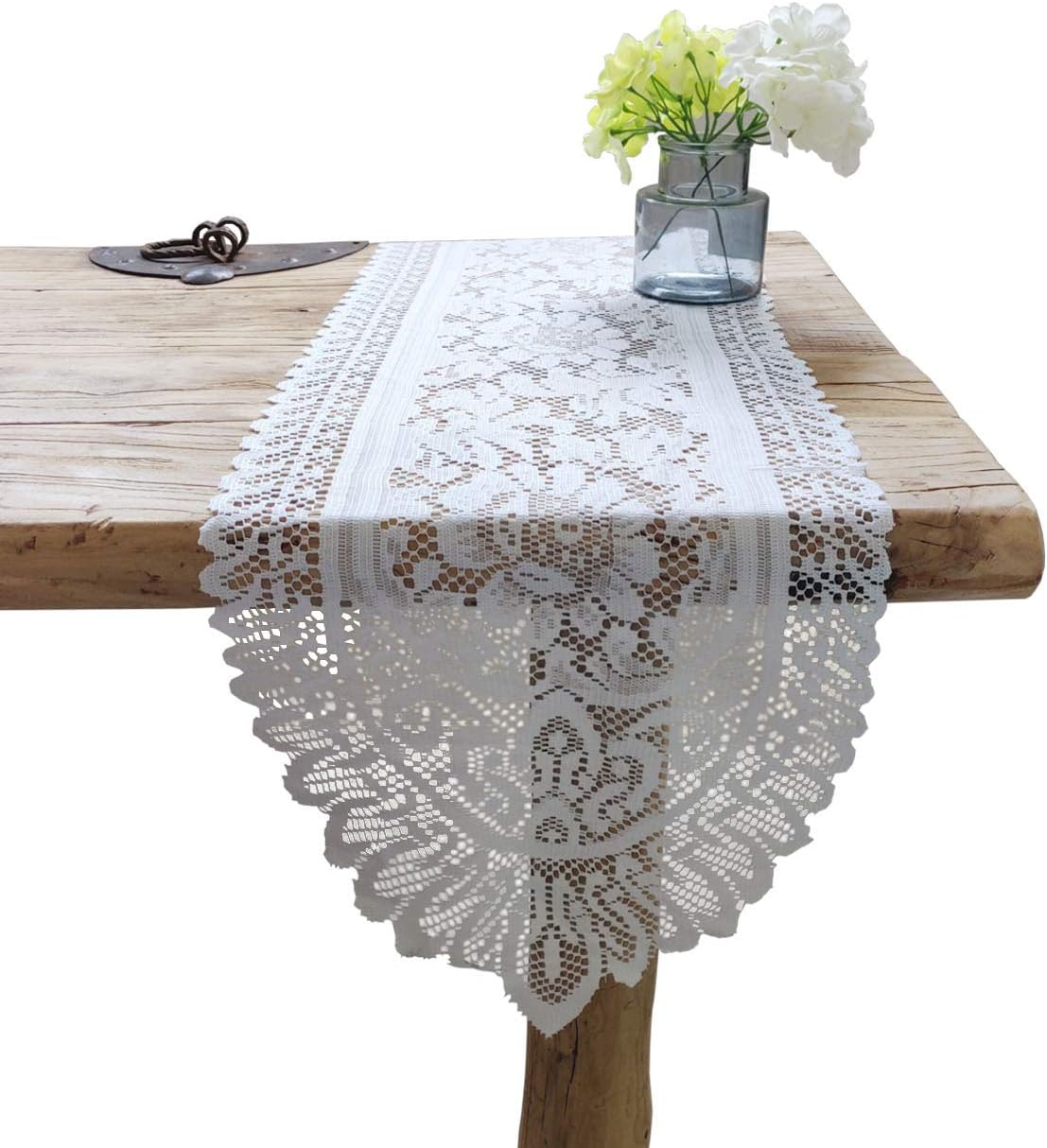 Tinsow 2 Pack Cotton Crochet Lace Rectangular Table Runner Dresser Scarf Doilies (White Without Tassels)