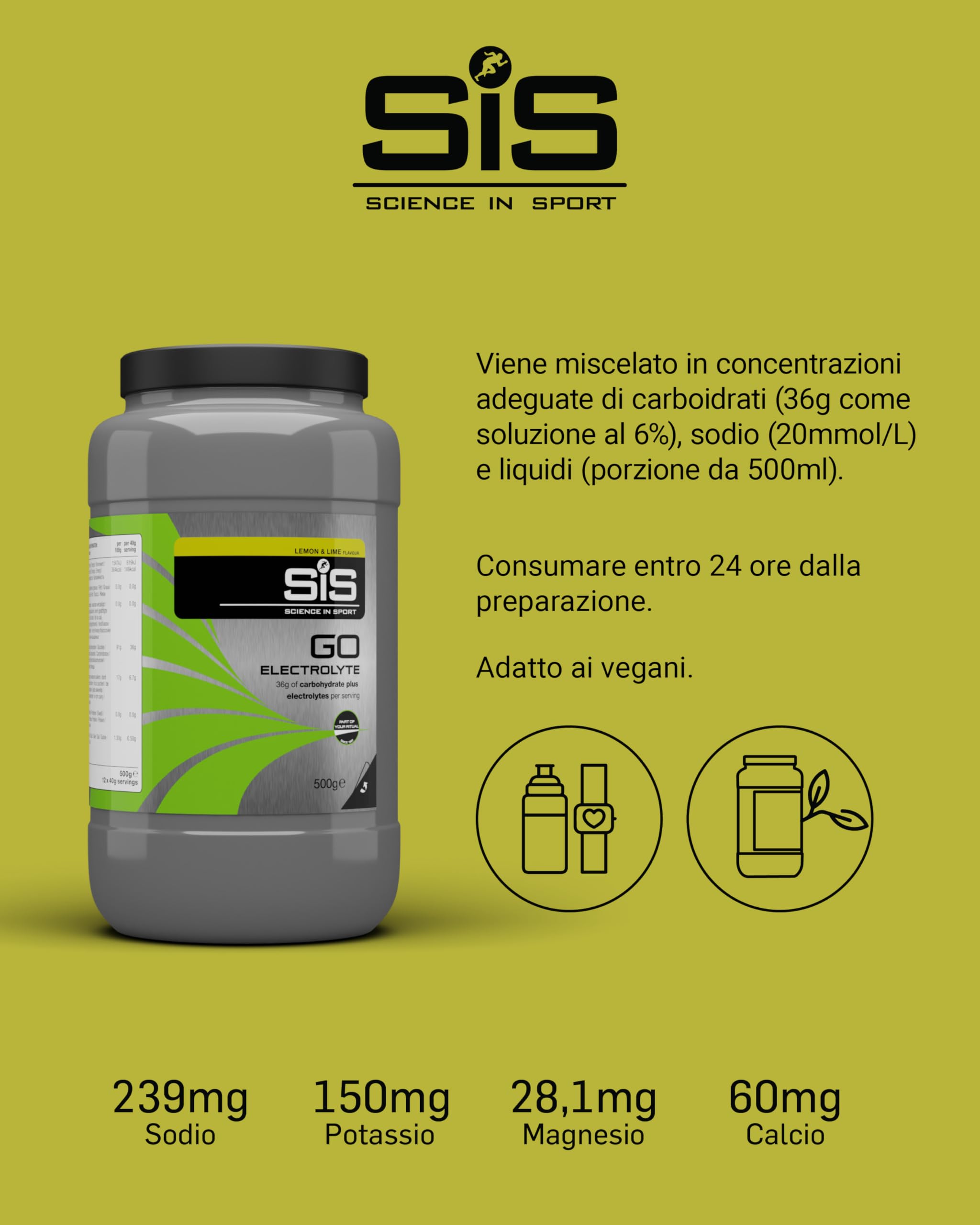 Science in Sport GO Elettroliti in polvere 500g Limone e lime - Bevanda sportiva vegana, Polvere isotonica per riequilibrare i livelli di elettroliti e liquidi