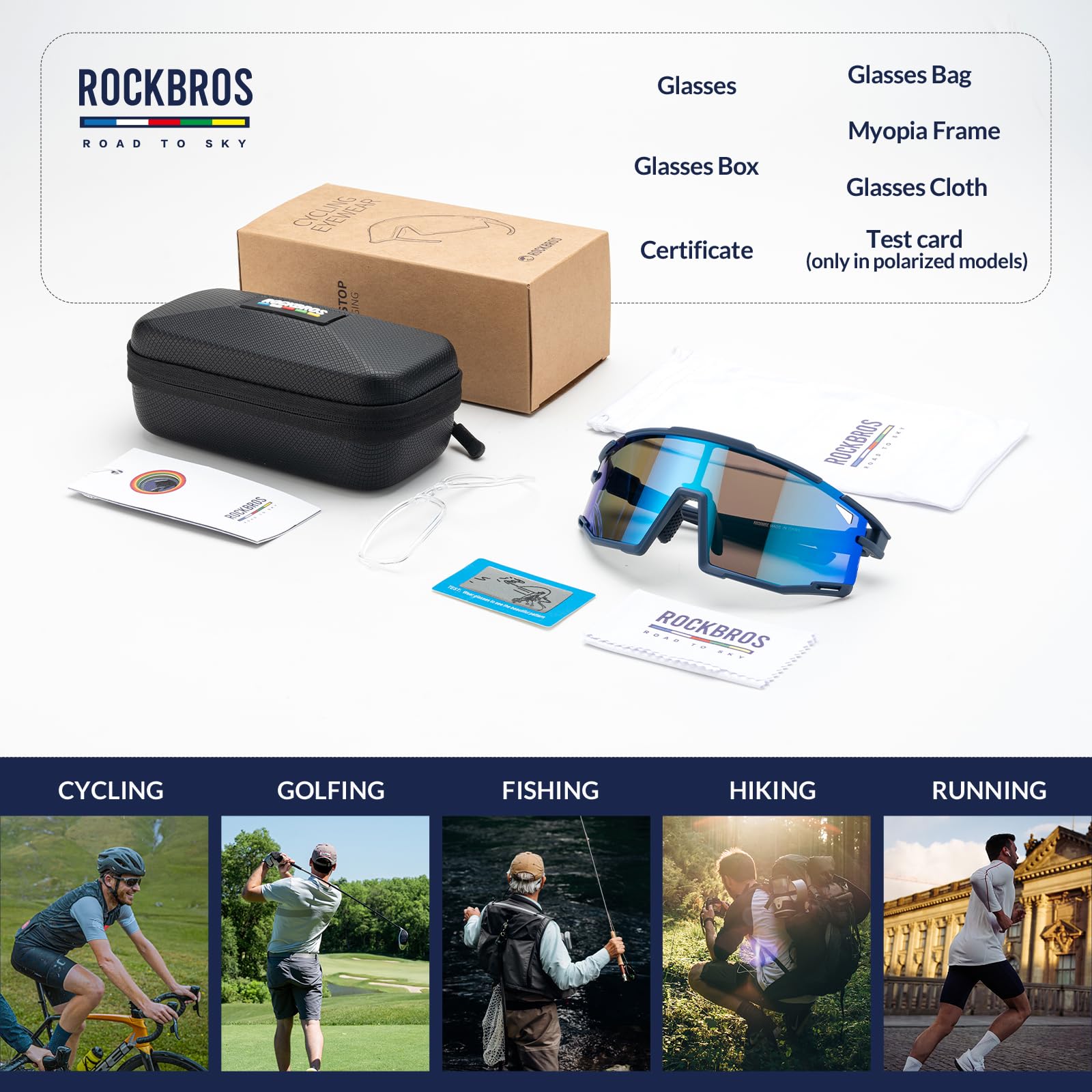 ROCKBROS Road-to-Sky Okulary Rowerowe Polaryzacyjne Okulary Przeciwsłoneczne UV400 - Oprawki TR90 z Krótkowzrocznością Okulary Kolarskie Unisex do Sportów Outdoor Bieganie Wędkarstwo Niebieski