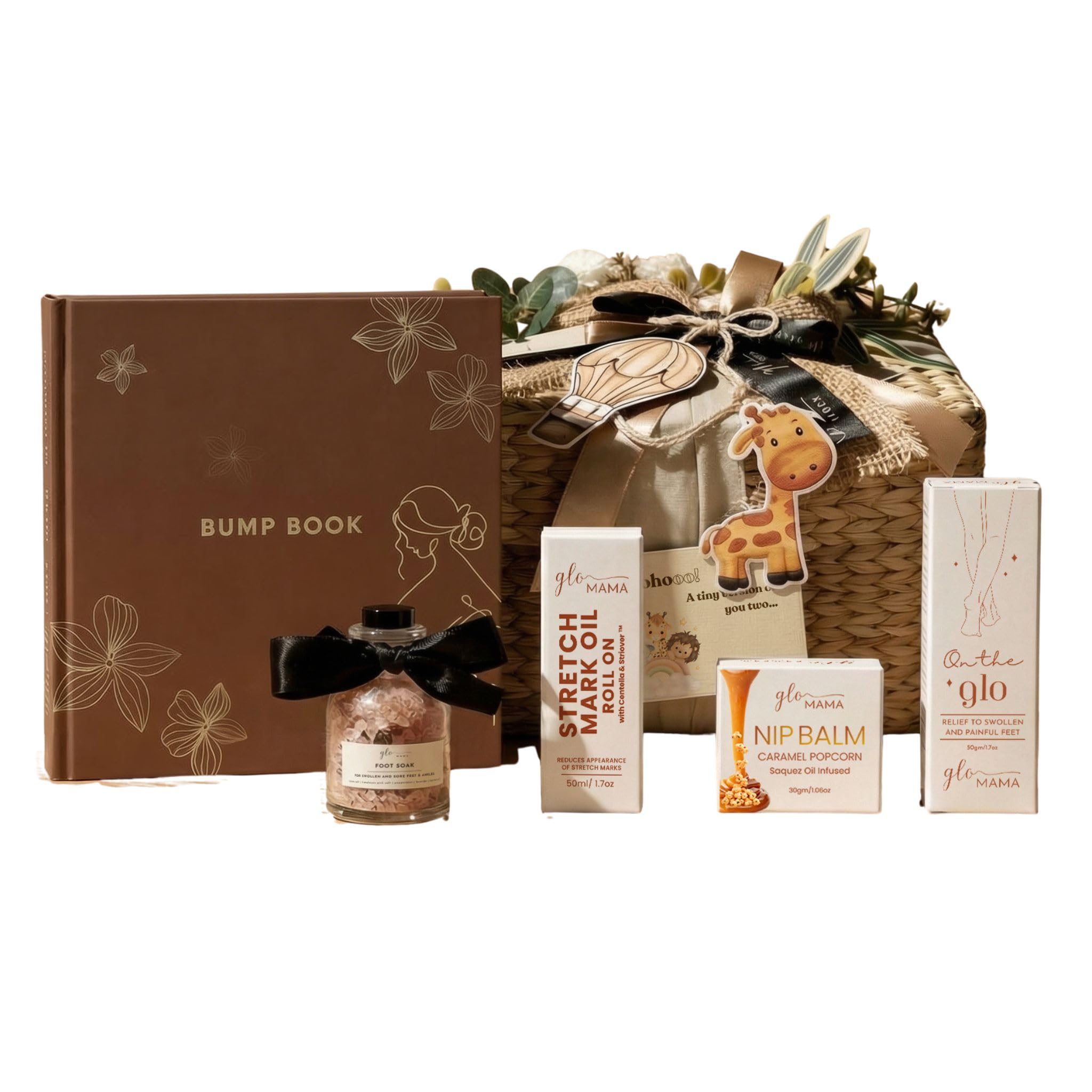 Ultimate Baby Shower Gift Hamper for Expecting Moms – Pampering Essentials: Stretch Mark Oil Roll On, Anti-Nausea Candle, Foot Cream, Compression Stockings, Sleep Sachet, Foot Soak & Affirmation Cards.