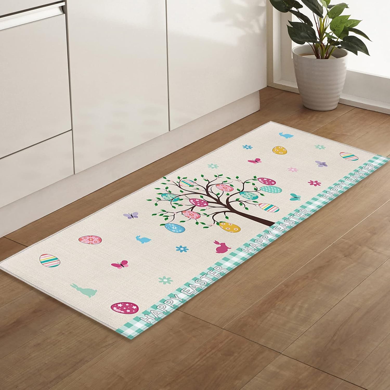 Kitchen Mats for Floor Easter Egg Tree Rabbit Spring Flower Butterfly Washable Non Slip Kitchen Rugs 1PCS, Colorful Eggs Teal Plaid Absorbent Standing Mats for Sink Office Living Room 15.7x47.2in