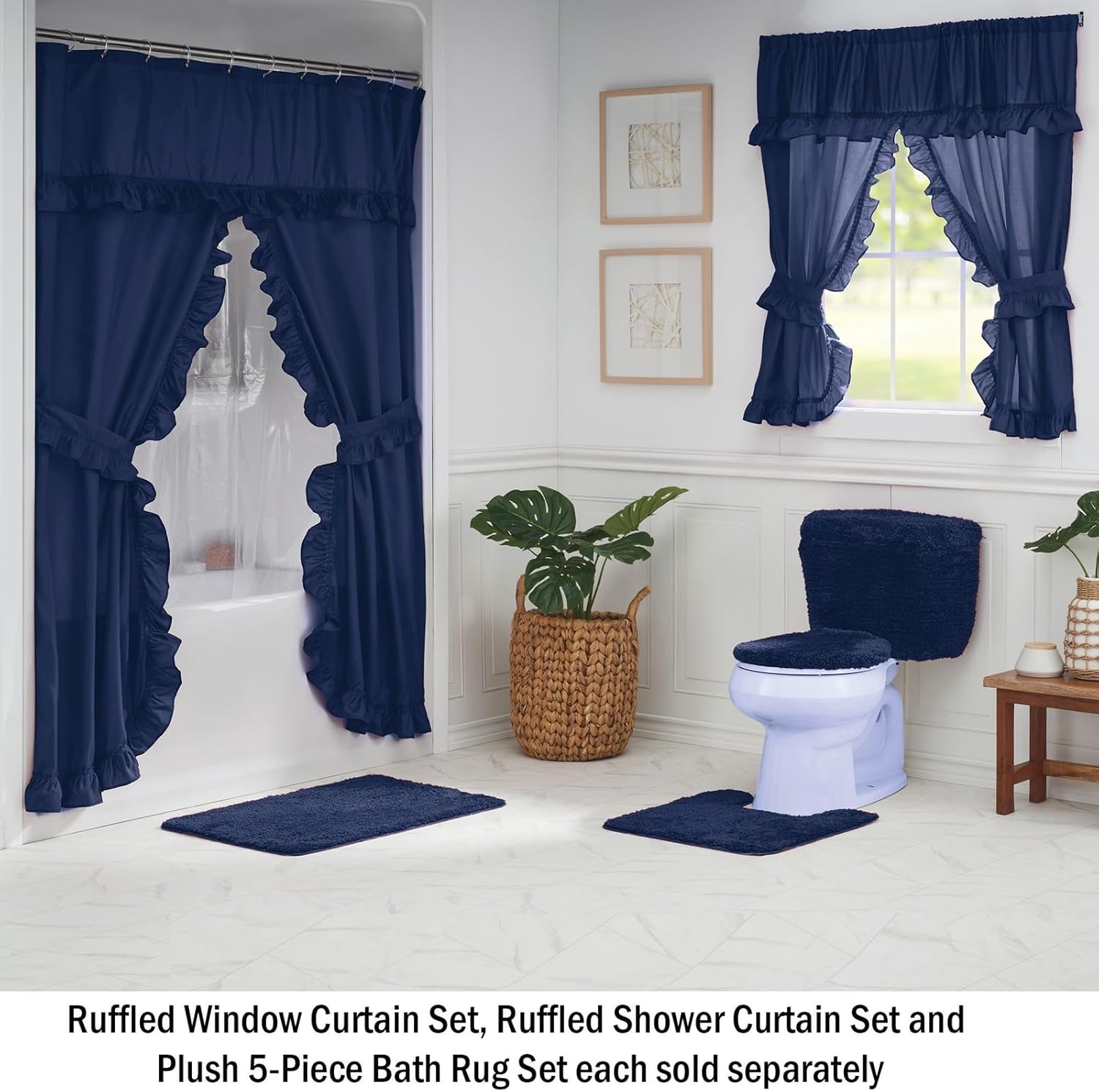 Ruffled Shower Curtain Set, Elegant 4-Piece Bathroom Ensemble with Attached Valance, Curtain Liner, Hooks, & Tiebacks, Dark Sea
