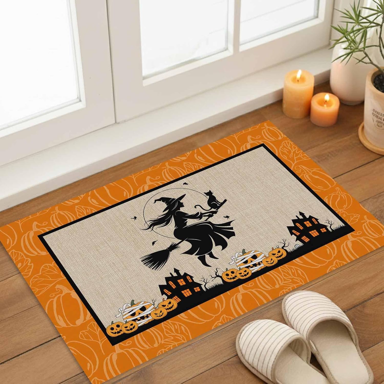 Halloween Fun Doormats Rugs- Haunted House Witches Cat Pumpkins Non-Slip Entrance Door Mats Carpet Indoor for Home/Bathroom/Kitchen/Bedroom,Large 18x30inch, Scary Movie Nights