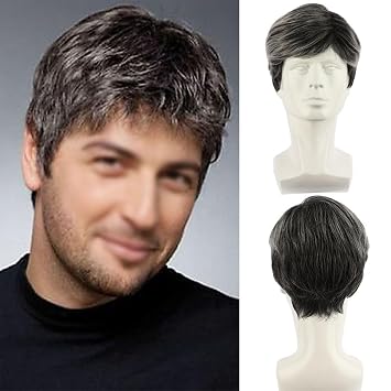 Mens Grey Short Wigs, Black Mix Grey Cut Natural Synthetic Hair Layered Straight Wig for Daily Party Costume Halloween