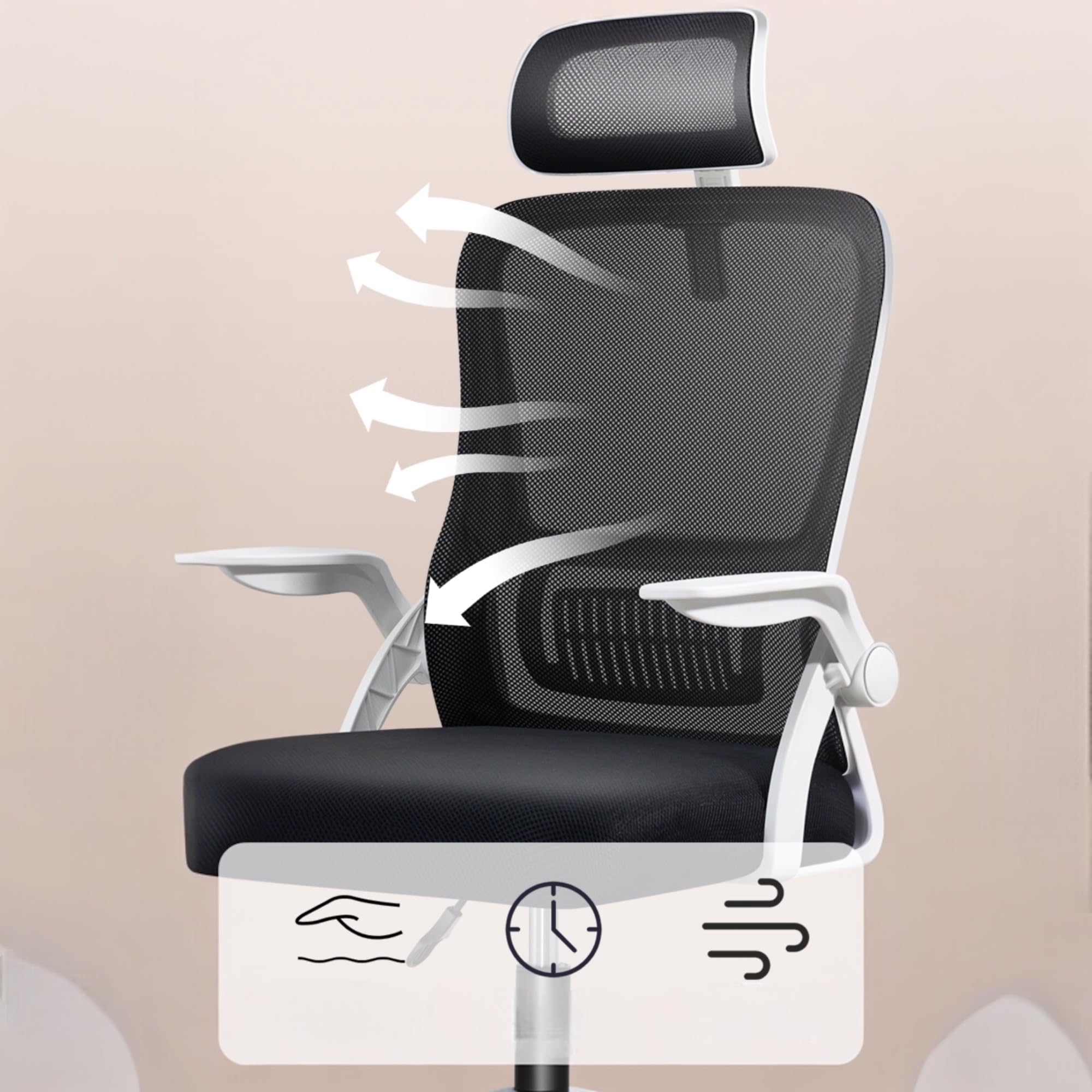 Silla de Oficina, para Gaming, Escritorio Ergonómica con Reposacabezas, Ajustable y con Soporte Lumbar | Respaldo de Malla Transpirable | Reposabrazos Abatibles de 90° | Giratoria 360° (Blanco)