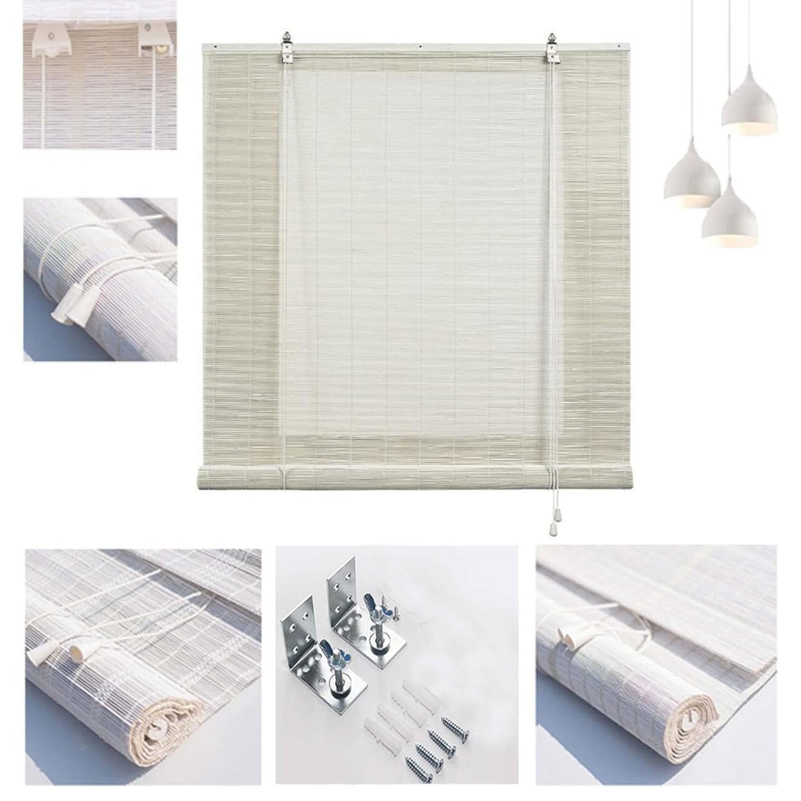 L140xH160cmBlanc Store Enrouleur Bambou Naturel sans Perçage,Store Occultant Anti-UV pour Fenêtre et Porte,Protection Solaire Respirant,Intérieur Extérieur pour Chambre Cuisine Terrasse