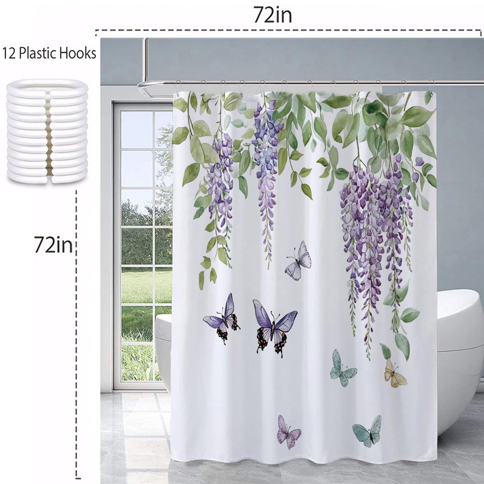 RLHHUG Shower Curtain, Waterproof Fabric for Bathroom, Decorative Curtains for Bathroom Hotel (Curtain- Purple Floral Butterflies)