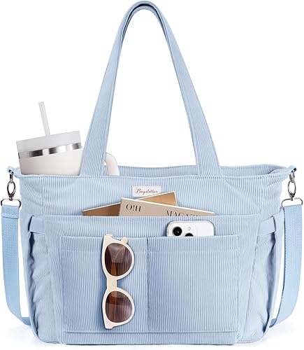 Vista 13 de Bolsa tote de pana para mujeres, 17 bolsillos para laptop de trabajo, ligera, para maestras, enfermeras, bolsa de hombro bíblica para escuela, negro