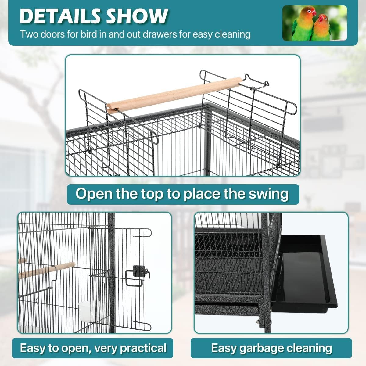 35 Inch Bird Cage with Stand Parrot Cage for Large Birds Parakeet Cages Wrought Iron Parakeet Birdcage with Play Open Top, Bottom Tray, 2 Feeders for Parakeets, Canary, Cockatiel