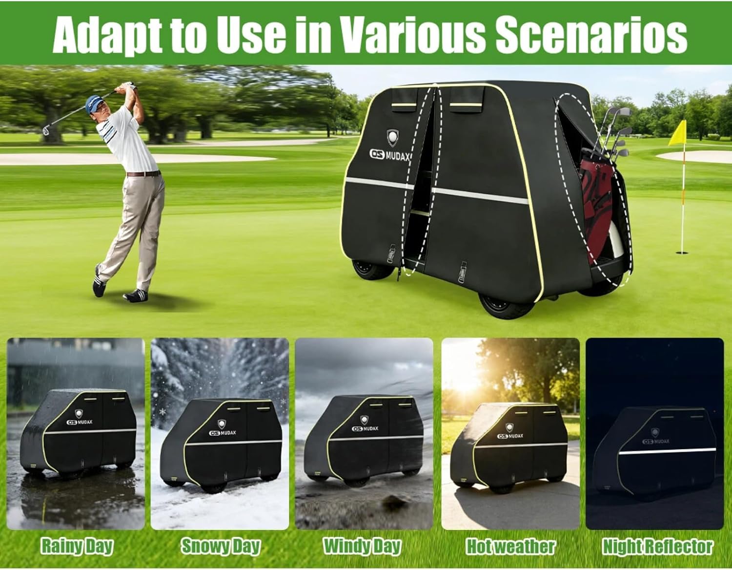 Golf Cart Cover, Waterproof Golf Cart Covers for Club Car,EZGO,Yamaha 2+2/4 Passenger Golf Carts,Heavy Duty Oxford Outdoor Rain Sun Wind Snow Protective Cover with Storage Bag & Reflective Strips