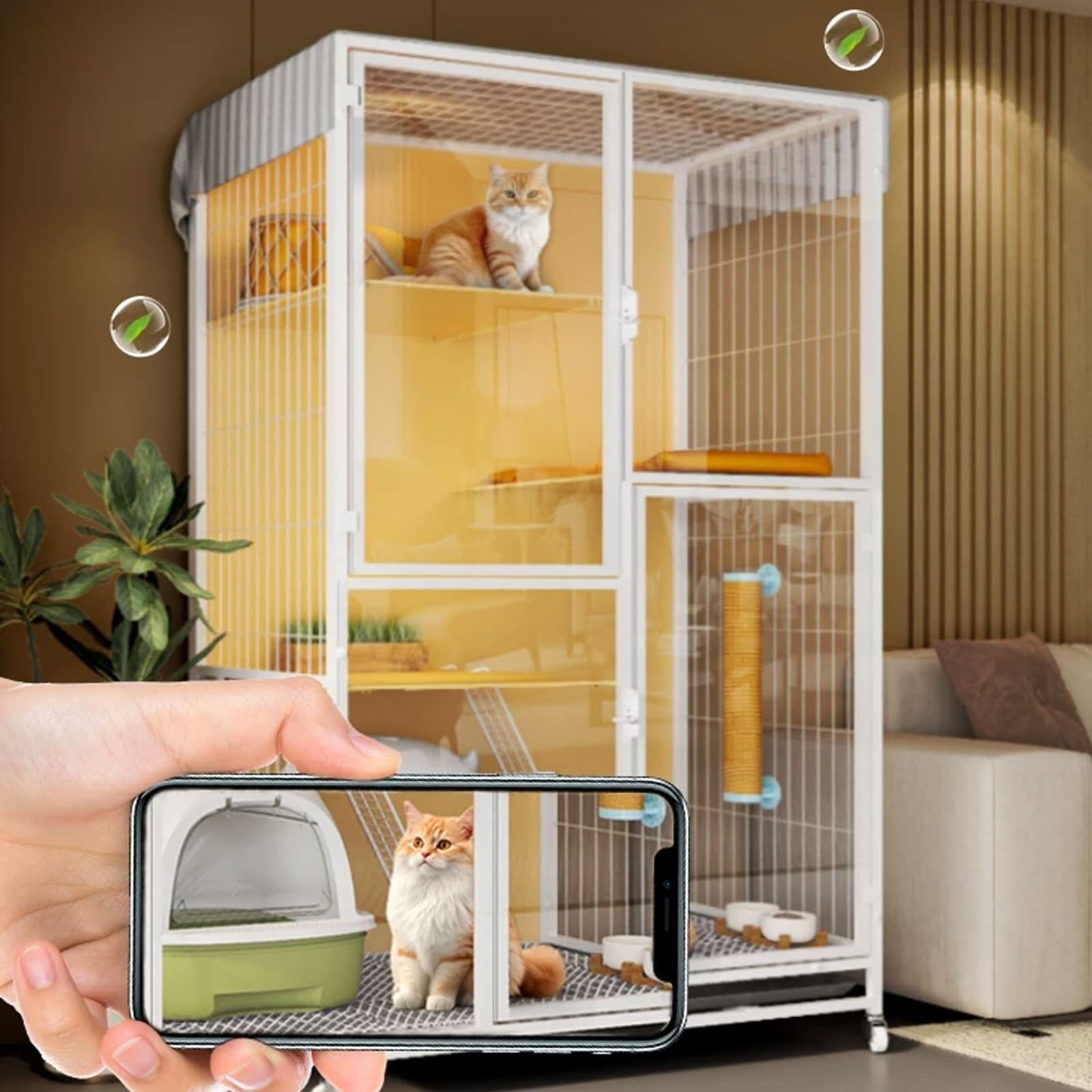 Grande gabbia per gatti con ruote, multi-zona vista panoramica, altezza 100 cm, facile da spostare, per gatti da interni