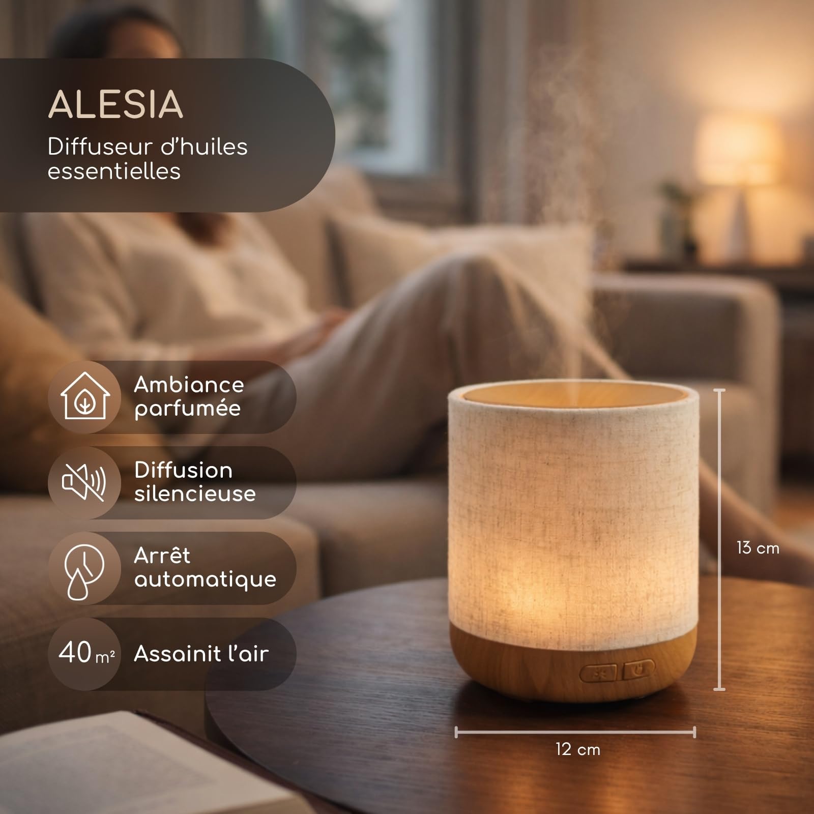 Zen’Arôme Diffuseur Ultrasonique Alesia – Diffusion Huile Essentielle à Froid Aromathérapie – Design Original, Coque en Toile de Lin et Revêtement Couleur Bois – Diffusion + Éclairage Personnalisables
